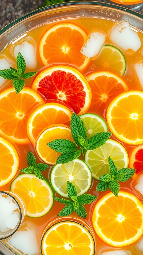 A colorful citrus tequila punch bowl with sliced fruits and mint, served with glasses on a table.